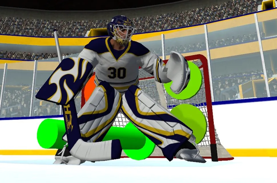 Player's view in the VR simulator: goaltender in standing position, five target areas displayed in the goal.