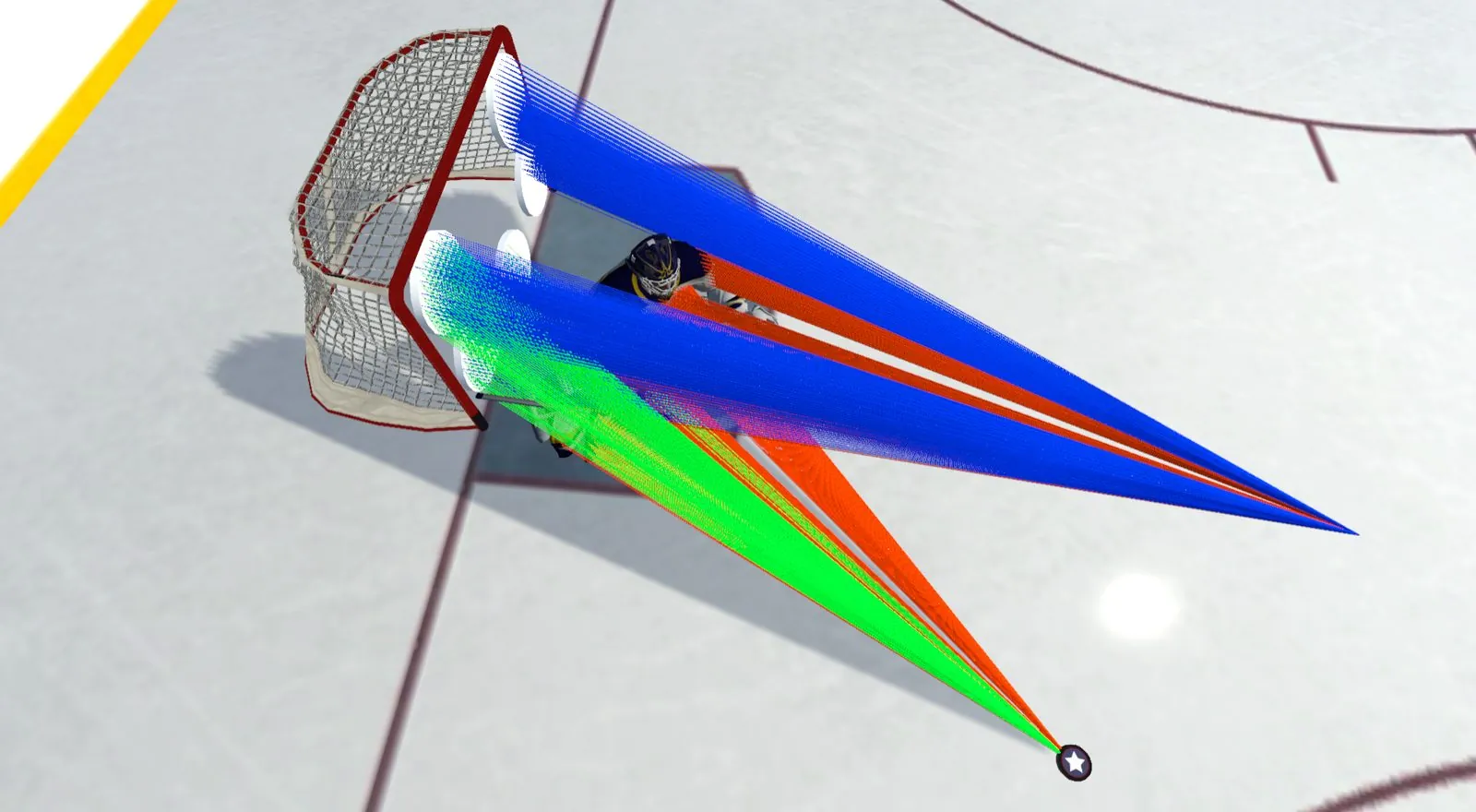 Target clearance is computed by ray casting, 121 rays per target: eyes’ view in blue, puck’s view in green; red rays are blocked by the goaltender.