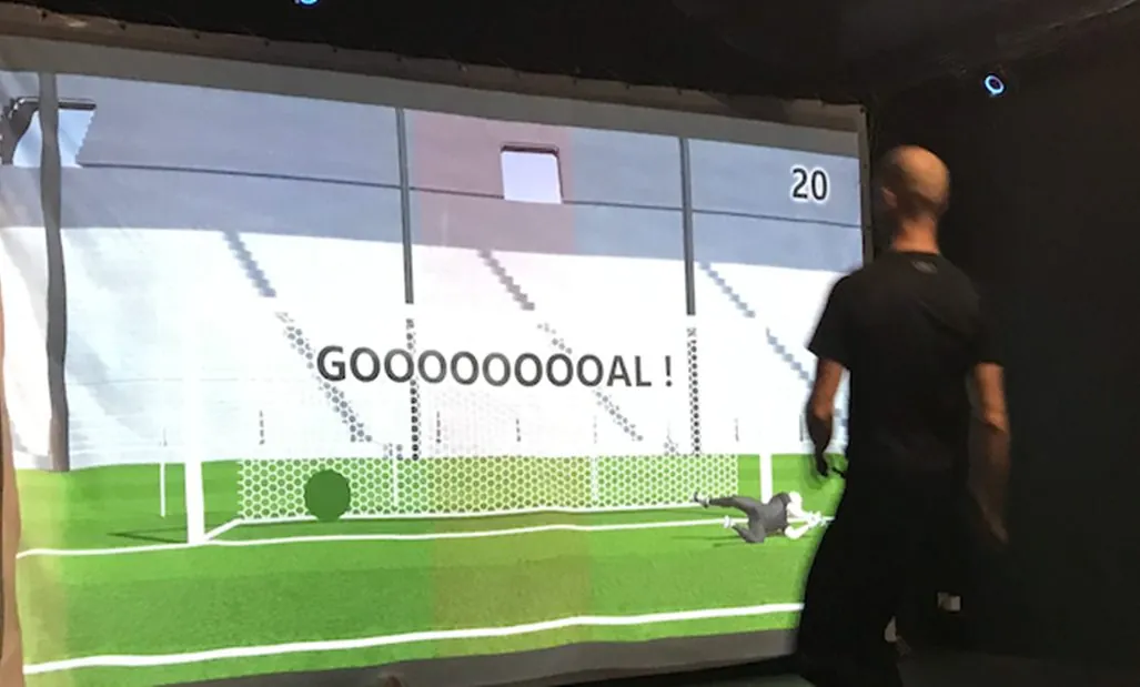 SimulKick 2020: the first, indoor version, kicking at an impact screen.