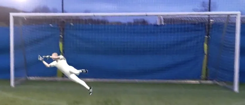 The motion-captured goalkeeper dive, as a hologram in the real goal.