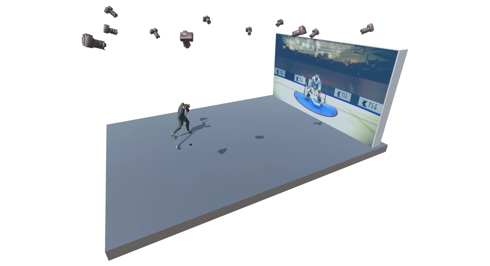 The slap-shot simulator: the virtual goaltender reacts to the player’s real shooting preparation.